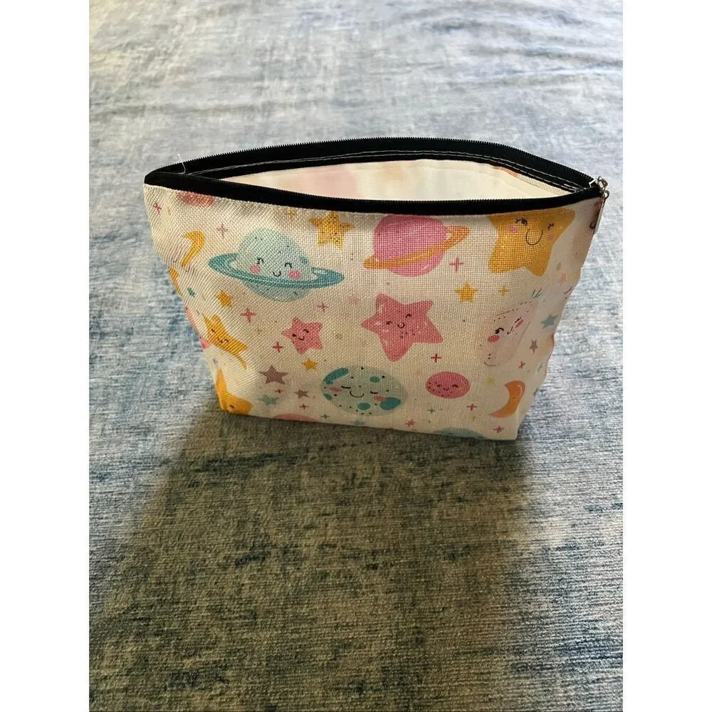 Blue Pink Star Moon Planet Cotton Canvas Small Makeup Bag Travel Toiletry Pouch